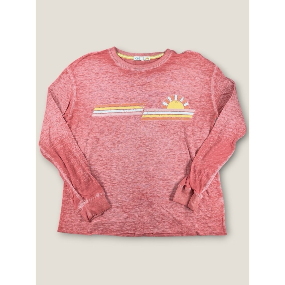 C&C California Sunrise Graphic Top Pink Acid Wash Long Sleeve Shirt Size S